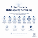 Infographic showing AI in diabetic retinopathy screening as a care pathway, including screening, AI analysis, immediate results, referral coordination, patient education, follow-up, and treatment access.
