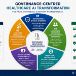 Governance-Centred Healthcare AI Transformation Framework showing five pillars for sustainable healthcare transformation: governance and ethical oversight, workforce readiness, operational integration, patient-centred accountability, and long-term health system resilience.