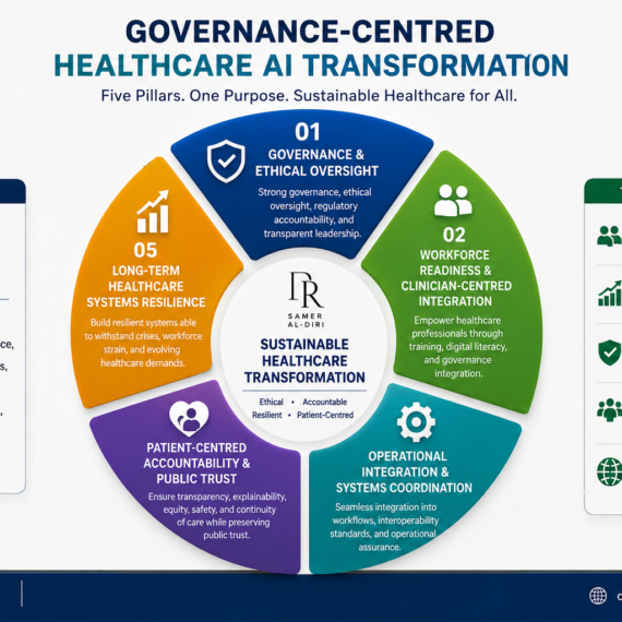 Governance-Centred Healthcare AI Transformation Framework showing five pillars for sustainable healthcare transformation: governance and ethical oversight, workforce readiness, operational integration, patient-centred accountability, and long-term health system resilience.