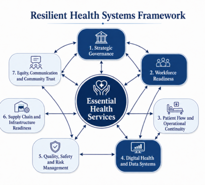 Resilient Health Systems Framework showing essential health services at the centre, surrounded by governance, workforce readiness, patient flow, digital health, quality and safety, supply chain readiness, and community trust.