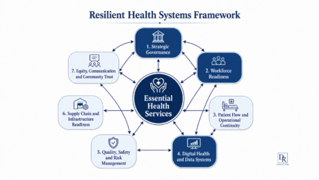 Resilient Health Systems Framework showing essential health services at the centre, surrounded by governance, workforce readiness, patient flow, digital health, quality and safety, supply chain readiness, and community trust.