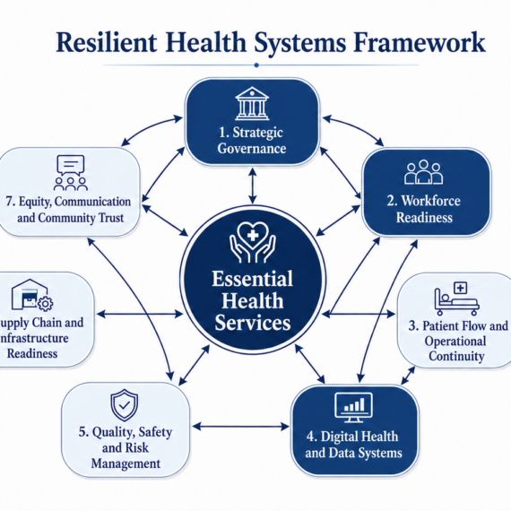 Resilient Health Systems Framework showing essential health services at the centre, surrounded by governance, workforce readiness, patient flow, digital health, quality and safety, supply chain readiness, and community trust.