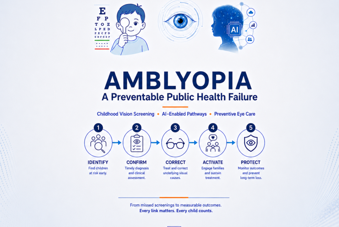 Amblyopia featured infographic showing childhood vision screening, AI-enabled pathways, preventive eye care, and a five-step pathway to identify, confirm, correct, activate, and protect children’s vision.