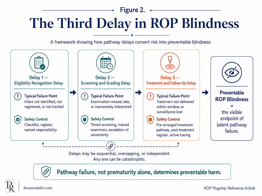 Figure 2: Third Delay framework showing how breakdowns after diagnosis can delay treatment and cause preventable ROP blindness.
