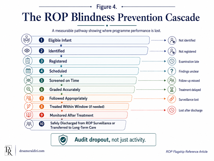 Figure 4: ROP Blindness Prevention Cascade showing pathway stages and where infants can be lost between eligibility and follow-up.