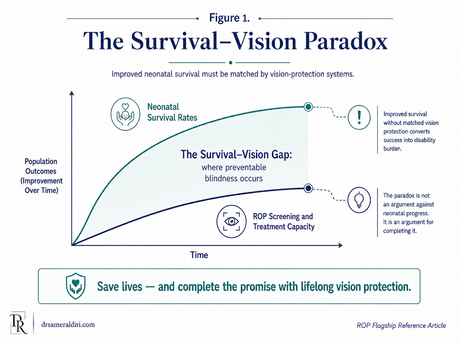 Figure 1: Survival-Vision Paradox showing how improved preterm survival can increase ROP risk unless neonatal and eye-care capacity mature together.