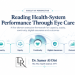 Five-domain eye-care framework for health-system performance covering capacity, equity, continuity, digital assurance and outcomes — Dr Samer Al-Diri