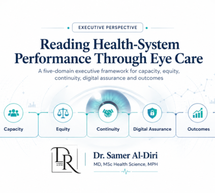 Five-domain eye-care framework for health-system performance covering capacity, equity, continuity, digital assurance and outcomes — Dr Samer Al-Diri