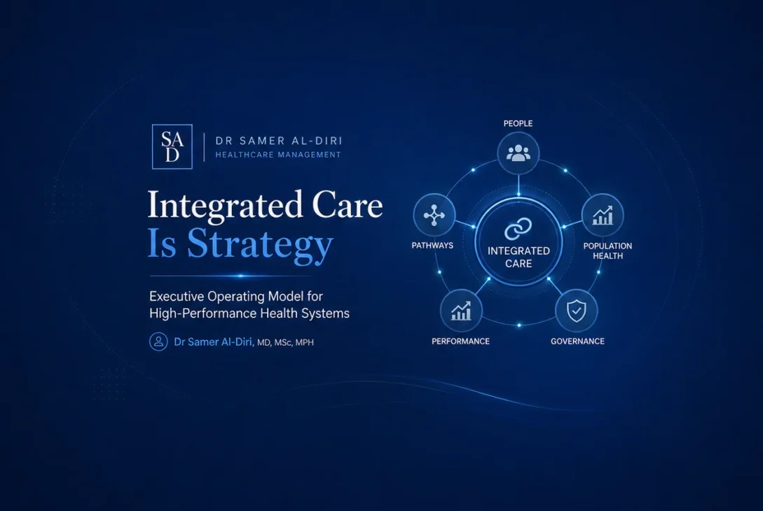 Integrated Care Is Strategy — executive operating model linking people, pathways, population health, performance and governance.