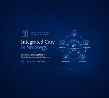 Integrated Care Is Strategy — executive operating model linking people, pathways, population health, performance and governance.