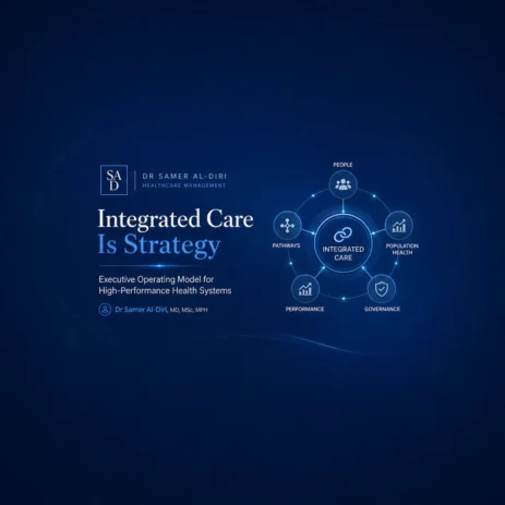 Integrated Care Is Strategy — executive operating model linking people, pathways, population health, performance and governance.