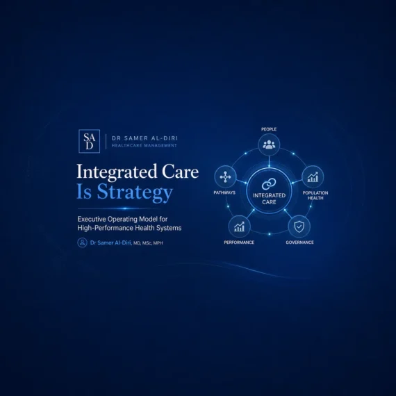 Integrated Care Is Strategy — executive operating model linking people, pathways, population health, performance and governance.
