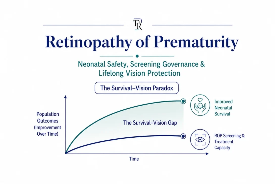 Retinopathy of Prematurity health-systems framework illustrating the Survival–Vision Paradox and lifelong vision protection.