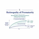 Retinopathy of Prematurity health-systems framework illustrating the Survival–Vision Paradox and lifelong vision protection.