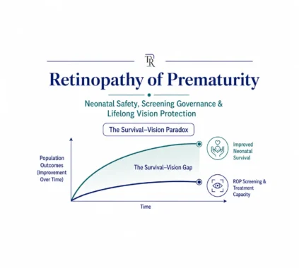 Retinopathy of Prematurity health-systems framework illustrating the Survival–Vision Paradox and lifelong vision protection.