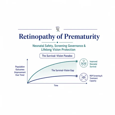 Retinopathy of Prematurity health-systems framework illustrating the Survival–Vision Paradox and lifelong vision protection.