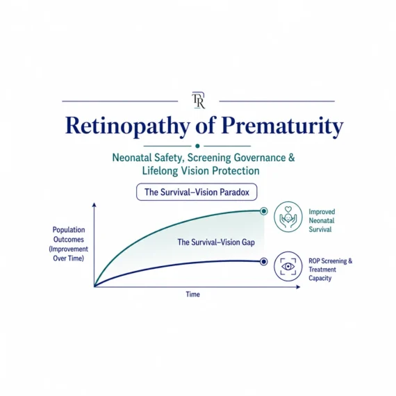 Retinopathy of Prematurity health-systems framework illustrating the Survival–Vision Paradox and lifelong vision protection.