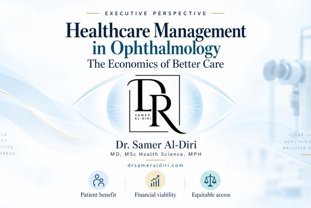 Healthcare management in ophthalmology infographic by Dr. Samer Al-Diri highlighting patient benefit, financial viability and equitable access.