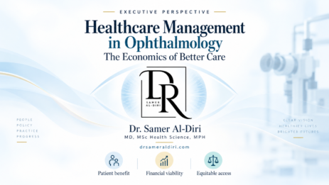 Healthcare management in ophthalmology infographic by Dr. Samer Al-Diri highlighting patient benefit, financial viability and equitable access.