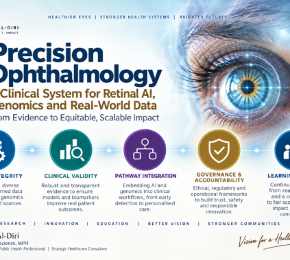Precision ophthalmology infographic by Dr. Samer Al-Diri showing signal integrity, clinical validity, pathway integration, governance and accountability, and learning and equity.