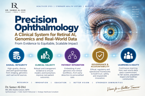 Precision ophthalmology infographic by Dr. Samer Al-Diri showing signal integrity, clinical validity, pathway integration, governance and accountability, and learning and equity.