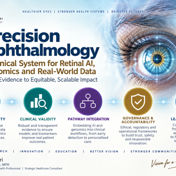Precision ophthalmology infographic by Dr. Samer Al-Diri showing signal integrity, clinical validity, pathway integration, governance and accountability, and learning and equity.